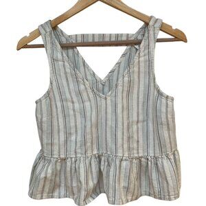 BP light blue, white and gray striped sleeveless linen blend peplum top S
